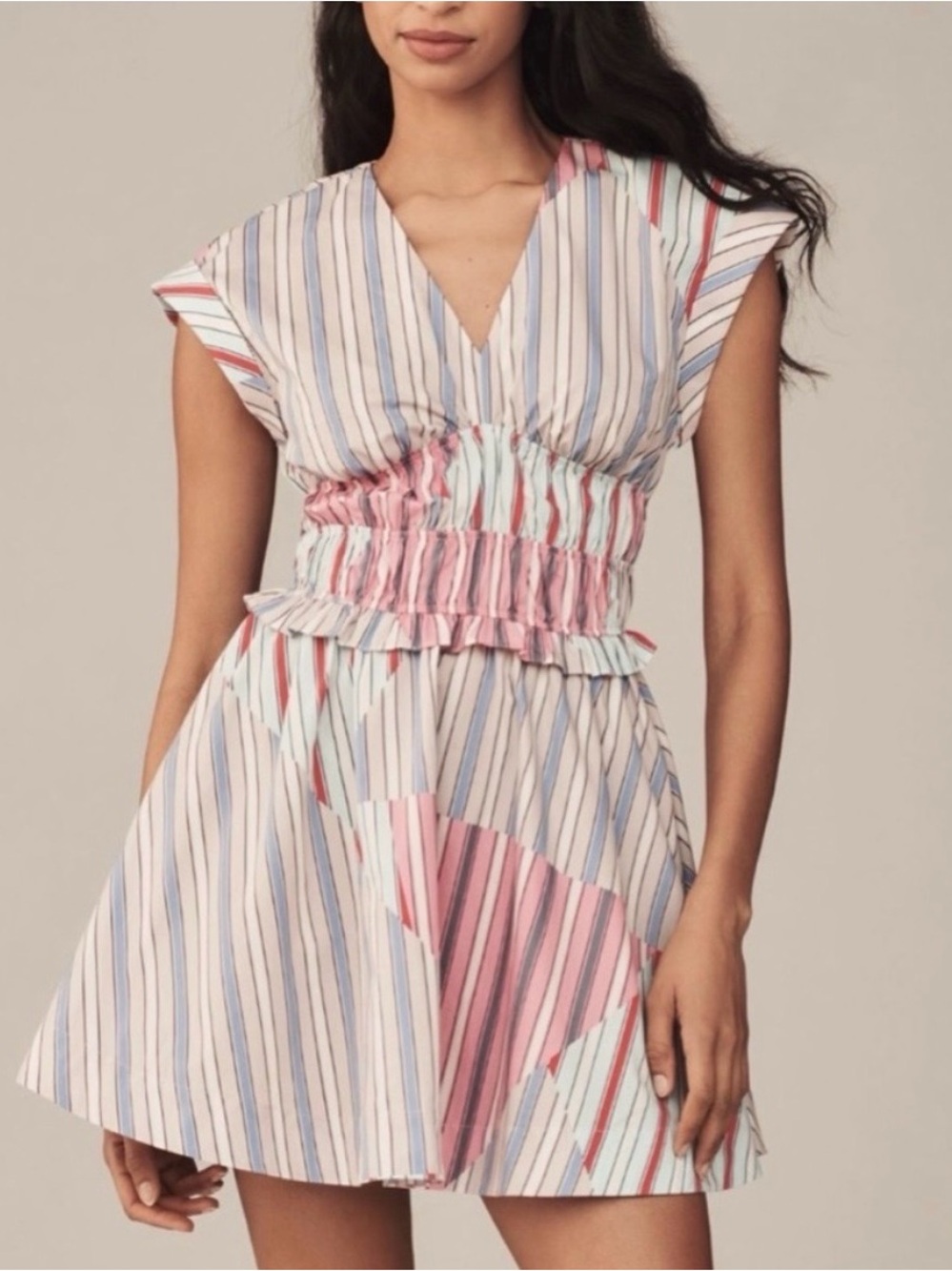 Anthropologie Vneck Striped Stretch Mini Dress Beach Travel College Womens Small - Picture 2 of 16